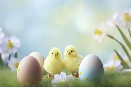 Easter background with Easter eggs, chicks and spring flowers on green grass