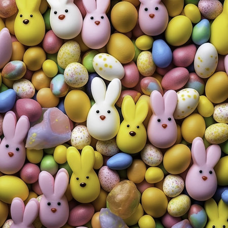 Easter background with colorful eggs and bunny. Top view. Flat lay.