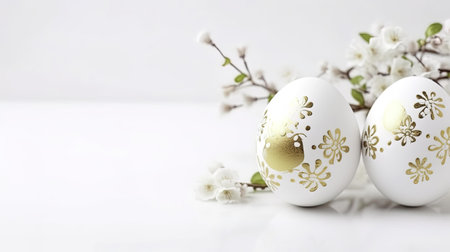 Easter eggs and spring flowers on a white background with copy space