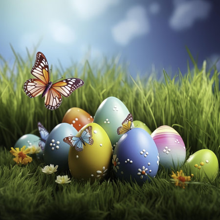 Easter eggs and butterfly on green grass. 3d illustration.