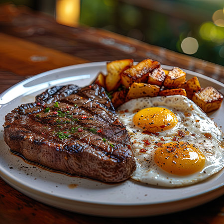 Grilled beef steak with fried egg and baked potatoes on wooden tableの写真素材