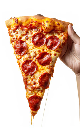 Pepperoni pizza in hand isolated on white background, top viewの写真素材