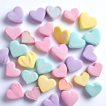 Colorful heart-shaped marshmallows on white background, top view