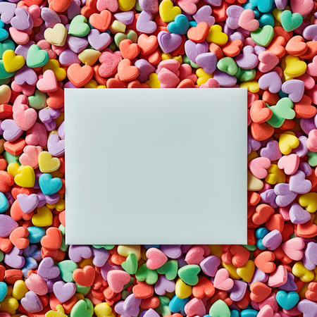 Valentine's Day background with colorful hearts and blank card.