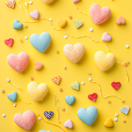 Valentines day background with heart shaped candies on yellow backgroundの写真素材