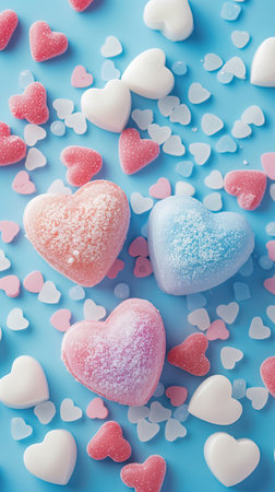 Valentines day background. Colorful candies and hearts on blue background