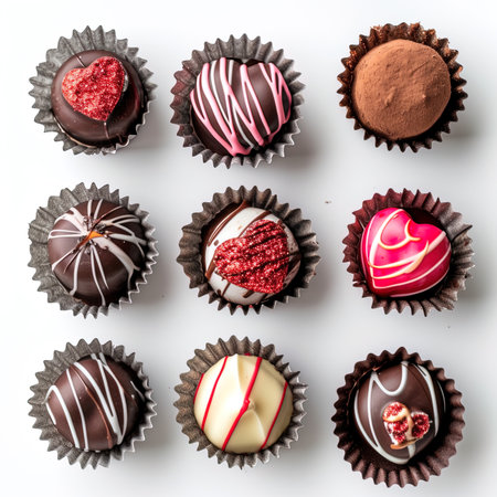 Assorted chocolates on a white background. Top view.の写真素材