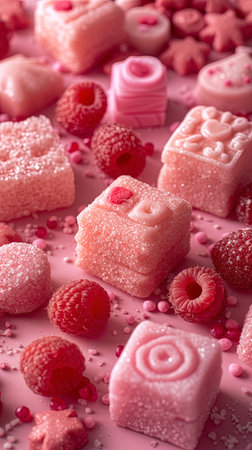 Close-up of delicious chocolate candies with raspberries on pink backgroundの写真素材