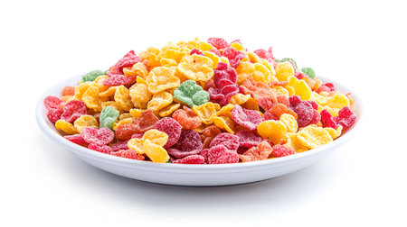 Cereal candies in bowl isolated on white background. Top view.