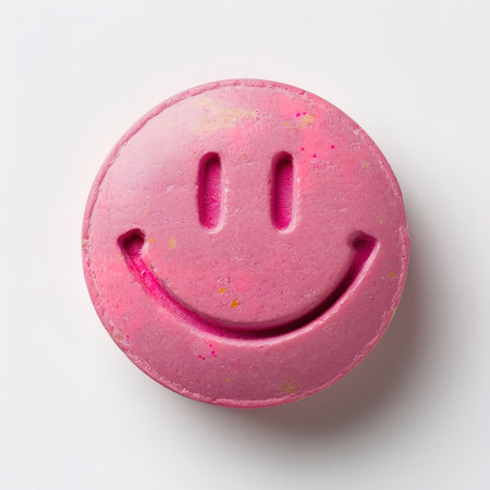 smiley face on colorful macaroon, isolated on white backgroundの写真素材