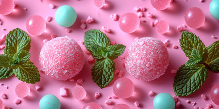 Colorful candies and mint leaves on pink background, top view