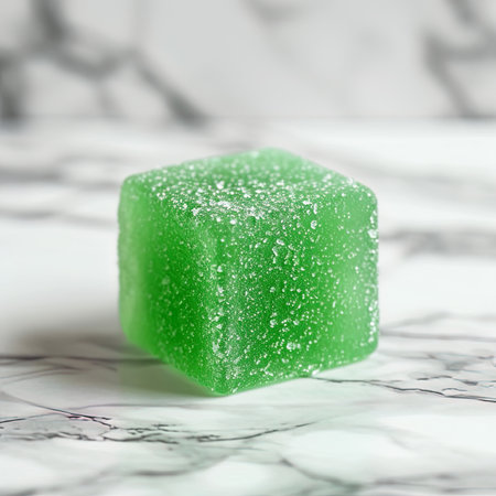 Close-up of a green jelly cube on a white marble backgroundの写真素材