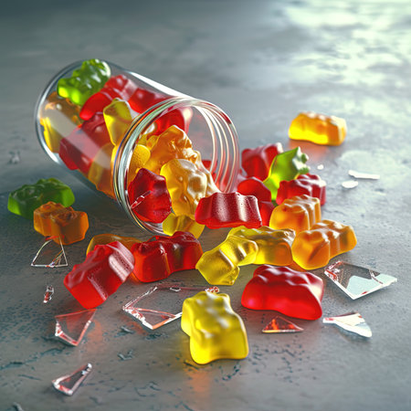 Jelly candies in glass jar on grey background. 3d illustrationの写真素材