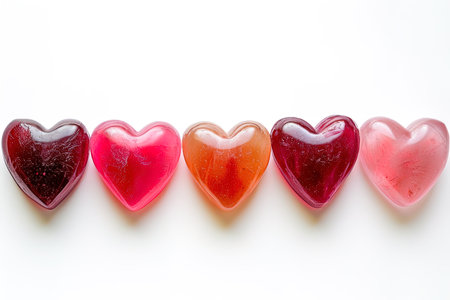 Red and pink heart-shaped candies on a white background.の写真素材