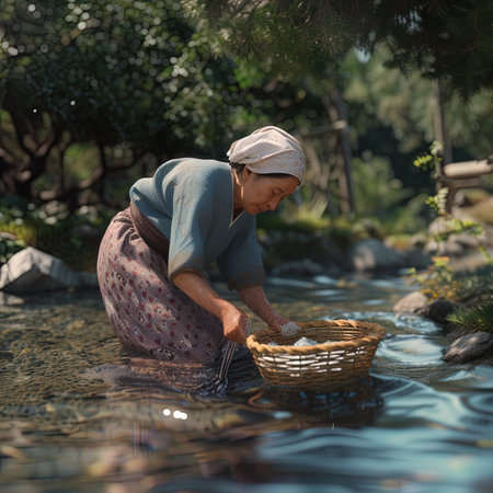 Elderly Asian woman is collecting cotton wool in a basket.の写真素材