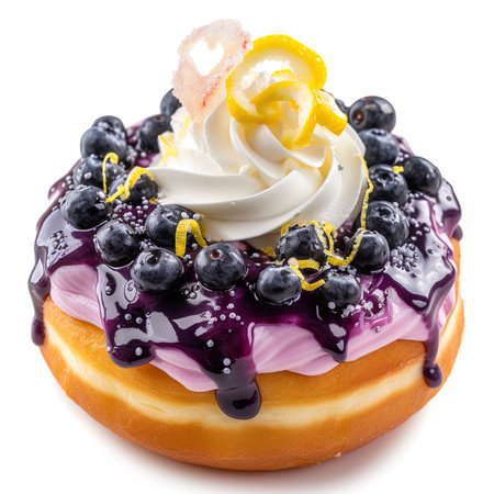 donut with blueberry and whipped cream isolated on white background.の写真素材