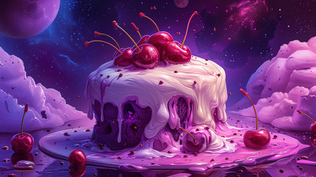 Cake with cherries on the background of the planet. 3d renderingの写真素材