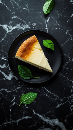 Cheesecake with fresh green basil leaves on a black plate on a marble backgroundの写真素材