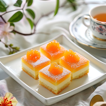 Cake with orange jelly and cup of tea on the table.の写真素材