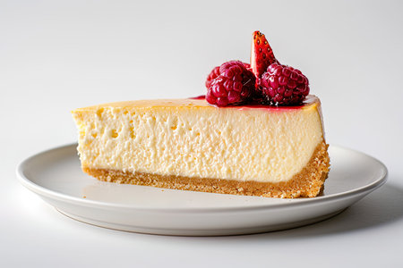 Cheesecake with fresh raspberries and strawberries on white background