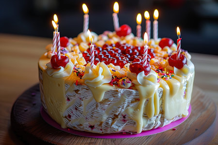 Birthday cake with burning candles on a wooden table. Selective focus.の写真素材