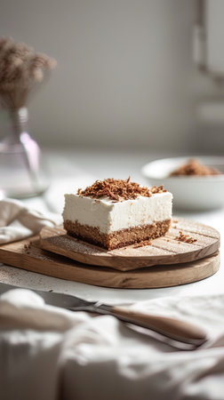 A piece of homemade tiramisu cake on a wooden board.の写真素材