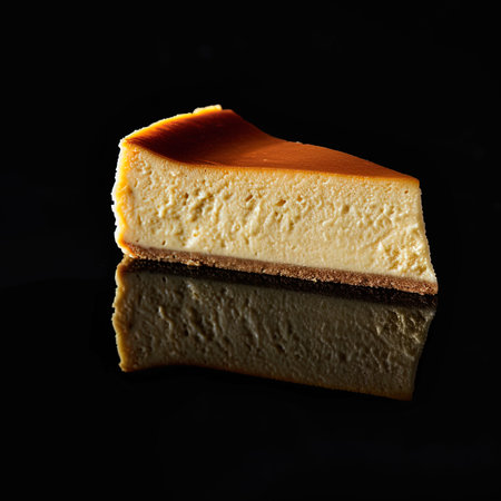 Piece of cheesecake on a black background. Toned.の写真素材