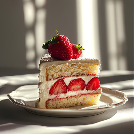 Strawberry cake on a white plate on a background of the sun