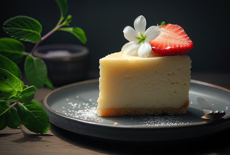 Cheesecake with strawberry and mint leaves on a wooden table.の写真素材