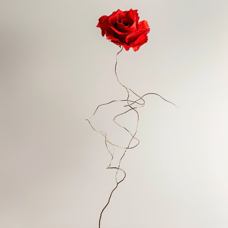 red rose on a white background with a rope in the form of a heartの写真素材