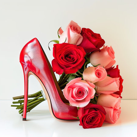 Red high heel shoes and bouquet of roses on white background.の写真素材