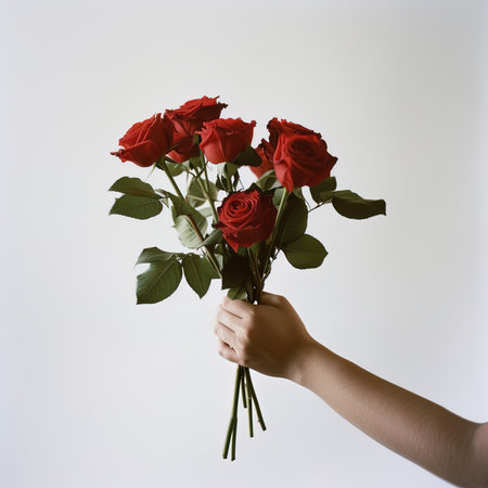 Female hand holding a bouquet of red roses on a white backgroundの写真素材