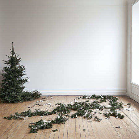 Christmas tree in a room with white walls and wooden floor. 3d renderingの写真素材