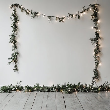 Christmas tree branches with garlands and lights on a white wall backgroundの写真素材