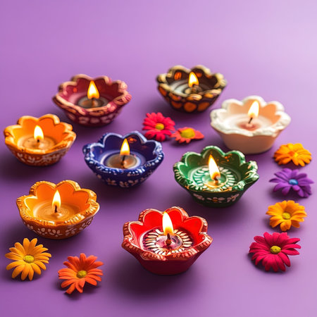 Colorful diya lamps lit during Diwali celebration on purple background