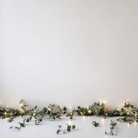 Eucalyptus branches with garland on white wall backgroundの写真素材