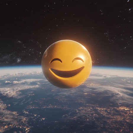 3d render of emoticon with smiley face on earth backgroundの写真素材