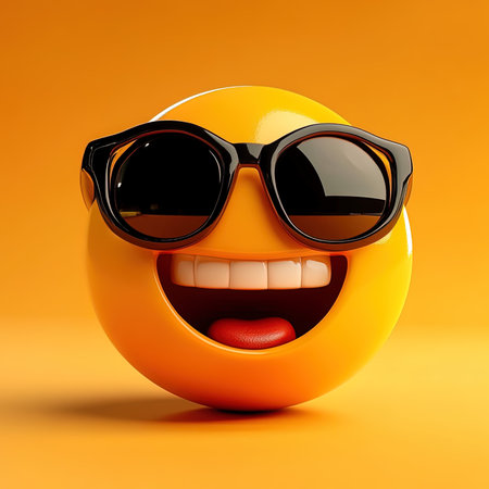 Smiling emoticon with sunglasses isolated on orange background. 3d illustrationの写真素材