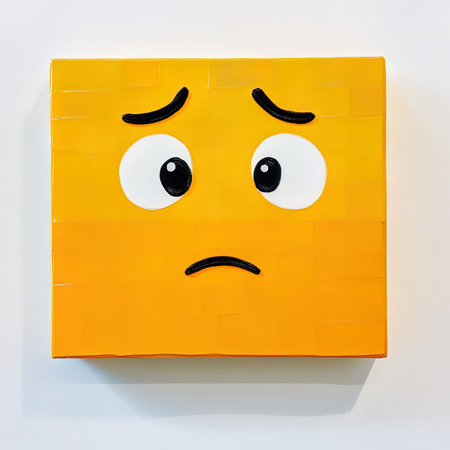 Funny smiley face in yellow plastic cube on white background.の写真素材