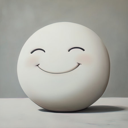 Smiling white smiley ball with eyes and mouth on a gray background