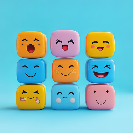 3d rendering of a group of smiling emoticons on a blue background