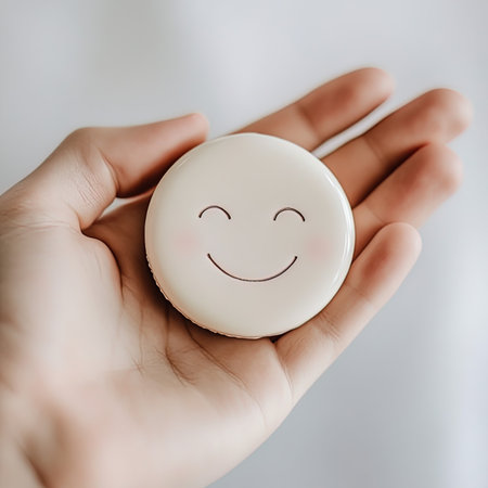 smiling face on a white soap in a female hand on a white backgroundの写真素材