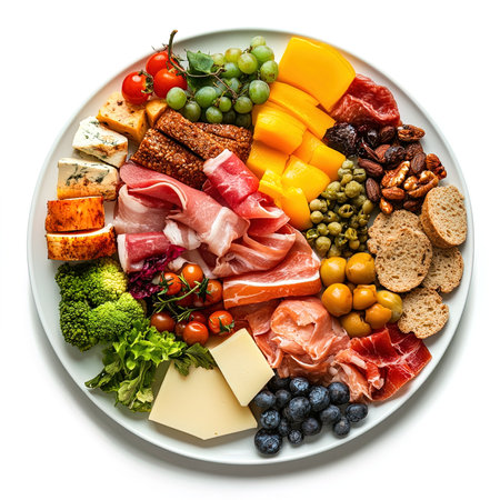 Antipasto platter with ham, prosciutto, cheese, olives, grapes and nuts. Top view.の写真素材