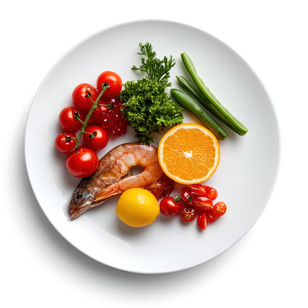 Plate of fresh seafood with vegetables on white background, top viewの写真素材