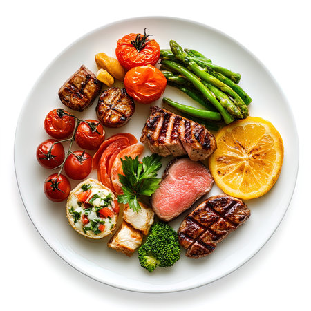 Plate with grilled meat, asparagus and vegetables on white backgroundの写真素材