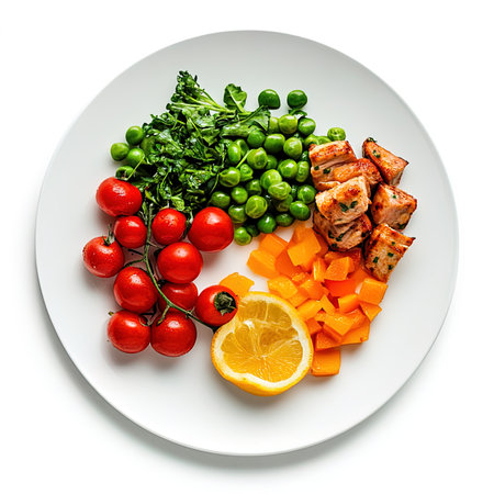 Salmon with vegetables on a white plate isolated on white background.の写真素材