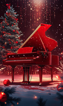 Piano in the winter forest with Christmas tree. 3d illustrationの写真素材