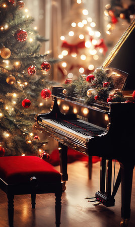 Piano and christmas tree in the living room. Christmas backgroundの写真素材