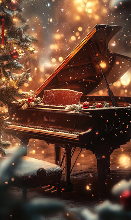 Piano and christmas tree. Christmas background. New Year.の写真素材