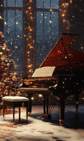 Grand piano in a dark room with Christmas tree. 3d renderの写真素材